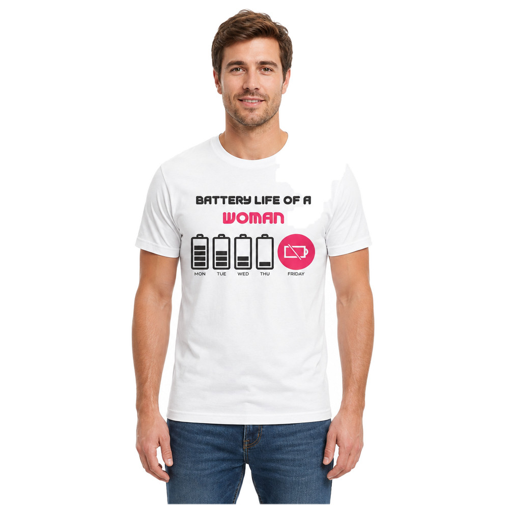 Camiseta Masculina Manga Curta Algodão Macia Estampa Battery Life Of a Woman Leve Verão Dia a Dia