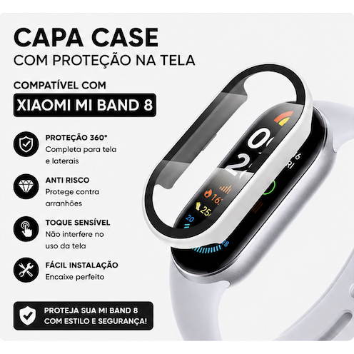 Capa Case Com Proteção Na Tela Compatível Xiaomi Mi Band 8 Anti Impacto 360 Full Cover