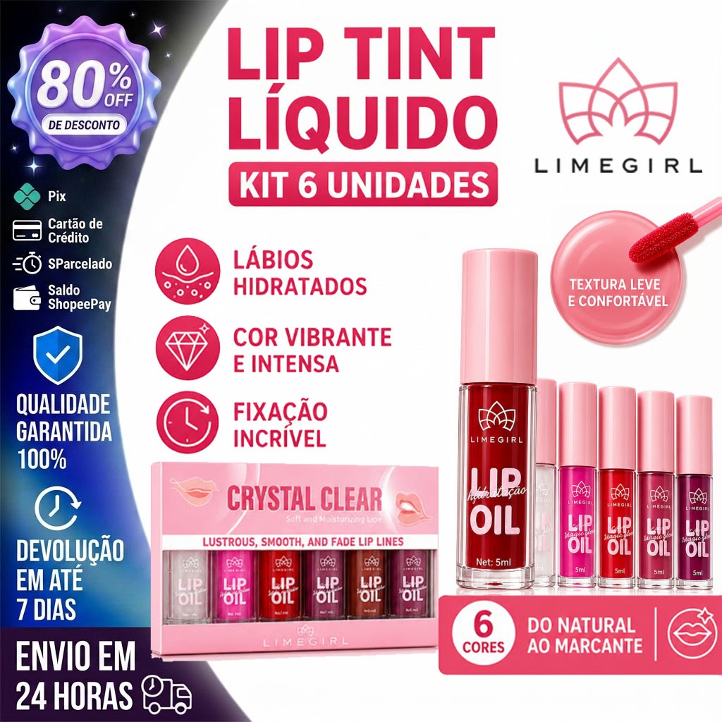 【LIMEGIRL】Batom/LIP Tint Líquido KIT 6 Unidades – Lábios Hidratados, Cor Vibrante e Fixação Incrível Coleção L-0210