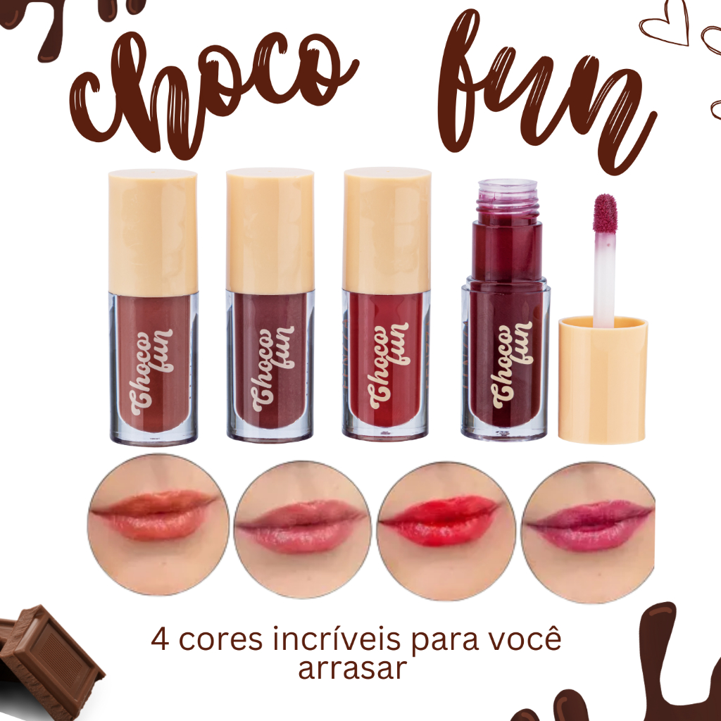 Kit 4 Gloss Liquido Choco Fun Lip Tint Cream  Multifuncional Cores Novas Fenzza