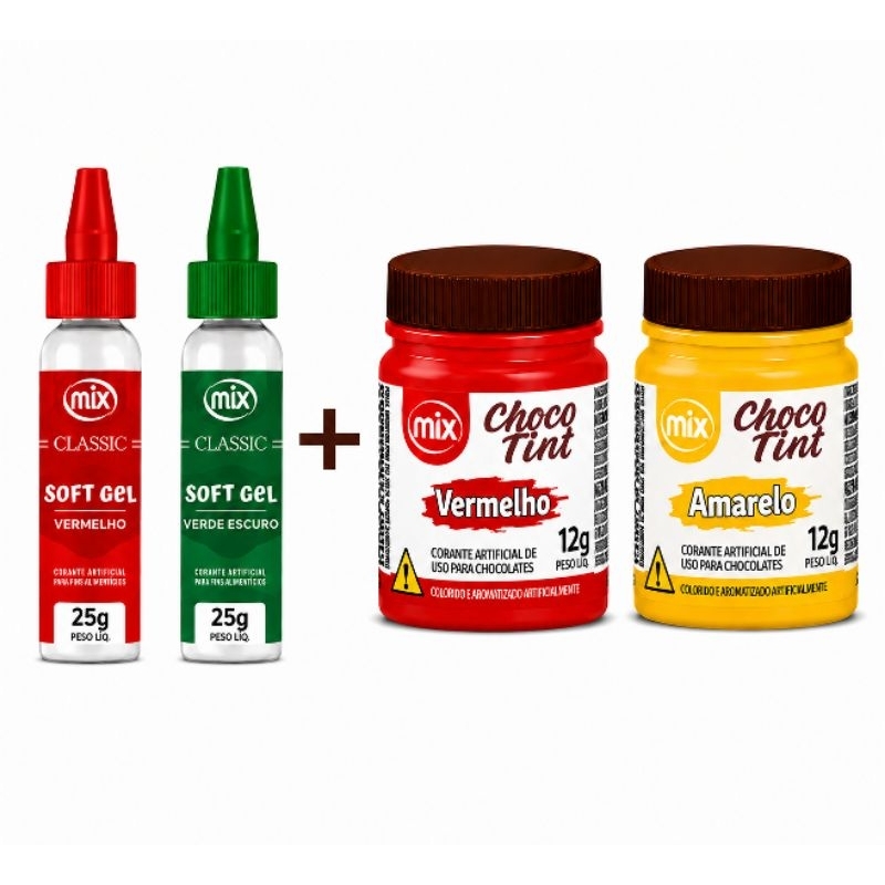 Kit 4 Corantes - Uso Chocolate e Confeitaria Mix - 2 Choco Tint 12g + 2 Corante softgel 25g( ESCOLHER AS CORES)