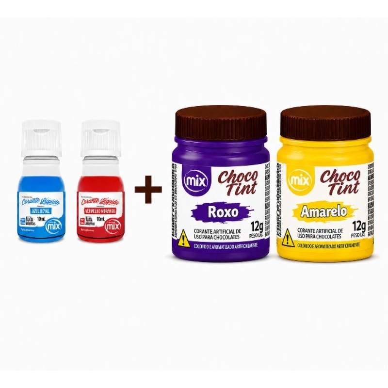 Kit 4 Corantes - Uso Chocolate e Confeitaria Mix - 2 Choco Tint 12g + 2 Corante Líquido 10ml ( ESCOLHER AS CORES)