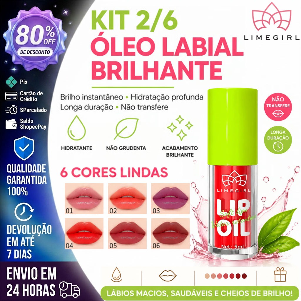 【LIMEGIRL】Kit 2/6 Gloss Labial Brilhante Longa Duração Não Transferível Hidratante Bálsamo Labial Óleo para Láb L-0204