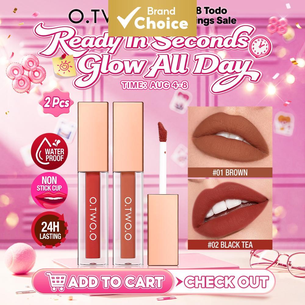 O.TWO.O 2pcs Matte Lock-in Lip Glaze Kit , Alto Pigmento , Resistente À Transferência E Sem Sangramento , Batom Cosmétic