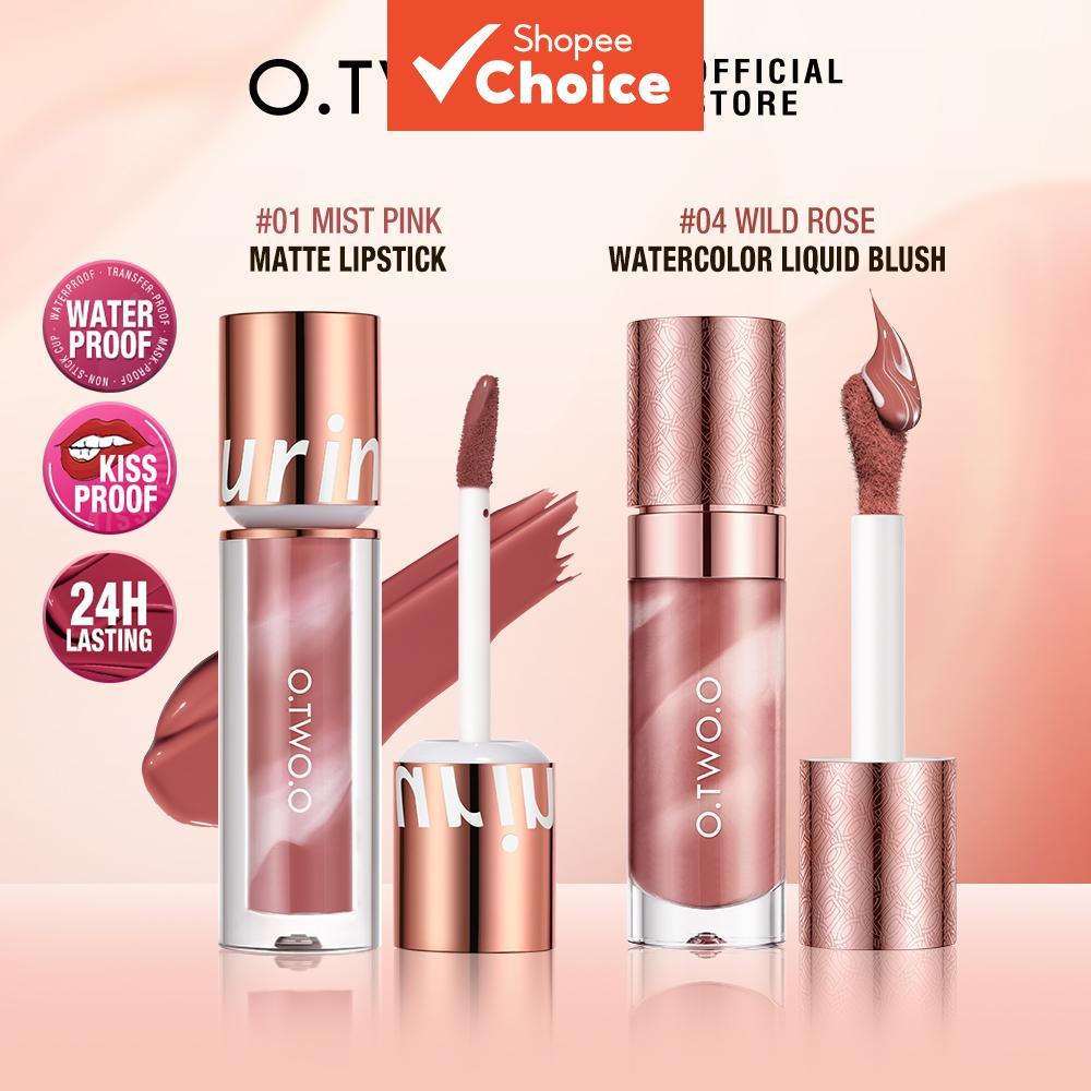 Kit de Maquiagem 2 em 1 O.TWO.O para Bochechos e Lábios, Blush Líquido Aquoso e Batom Matte de Longa Duração