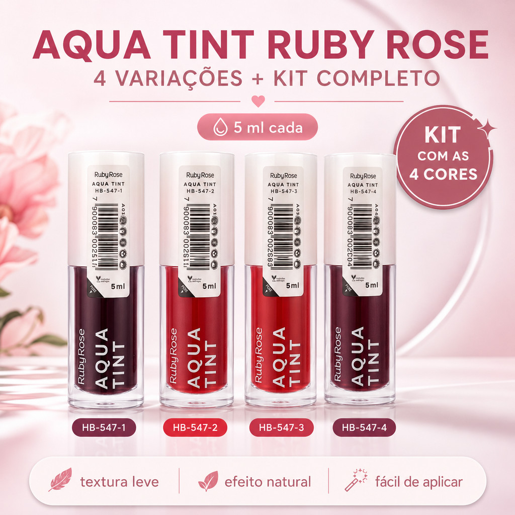 Kit 4 Aqua Tint Ruby Rose HB-547 Lip Tint Lábios e Bochechas Original