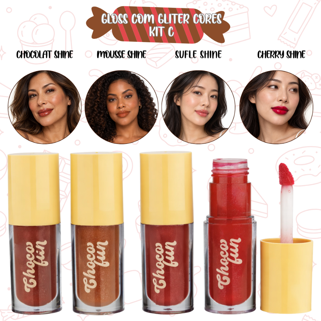 Kit 4 Cream Tint Gloss Labial Batom Choco Fun Fenzza 4 Cores