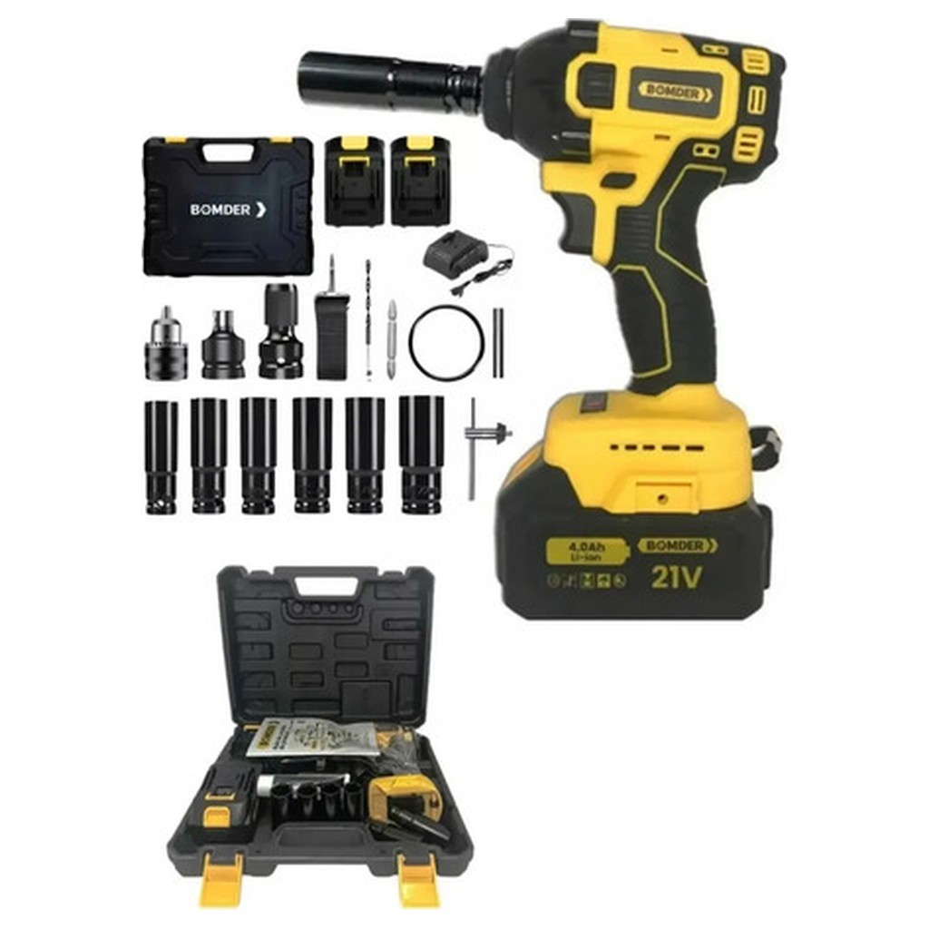 Chave Impacto Bomvink 21V 4000mAh Furadeira Parafusadeira 3 Modos Amarelo 127/220V 60Hz BOM-9966 1/2 320Nm 3200rpm