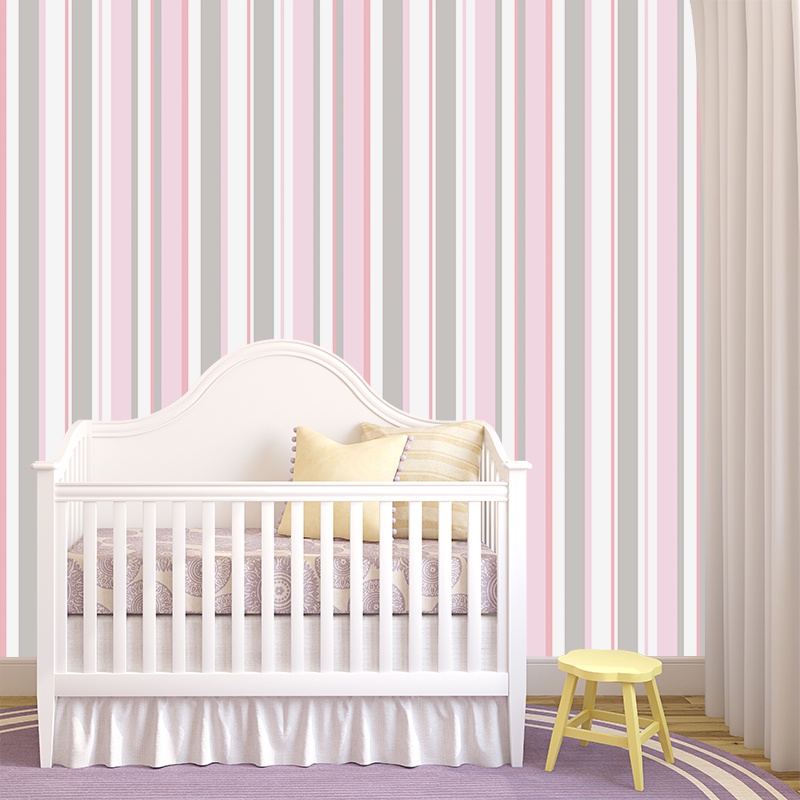 Papel de Parede Adesivo Listrado Rosa Cinza Lavável 018wap