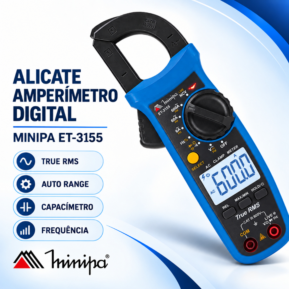 Alicate Amperímetro Digital MINIPA ET-3155 Bolsa, Auto Range, True RMS, Capacímetro, Frequencia