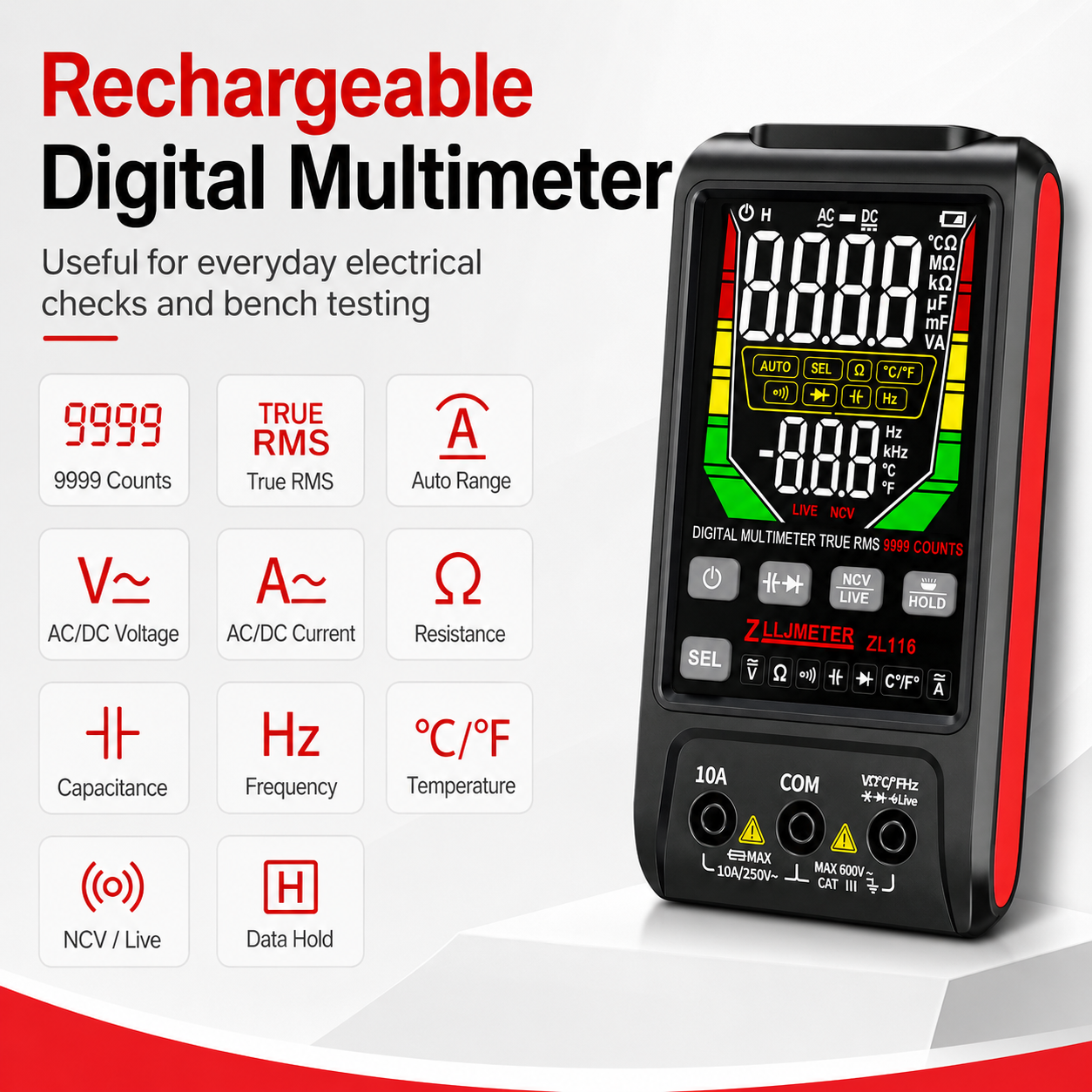 Multímetro Digital Zljmeter ZL116 Único , 9999 Contagens True RMS Auto Range USB Recarregável AC/DC Testador De Corrente