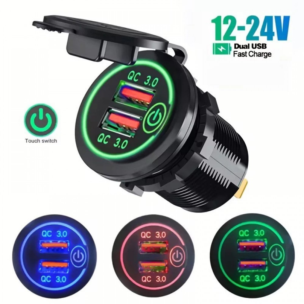 Dual QC3.0 Waterproof Car Charger Socket 12V/24V Fast Power Adapter LED Touch Switch Motorcycle Charger
