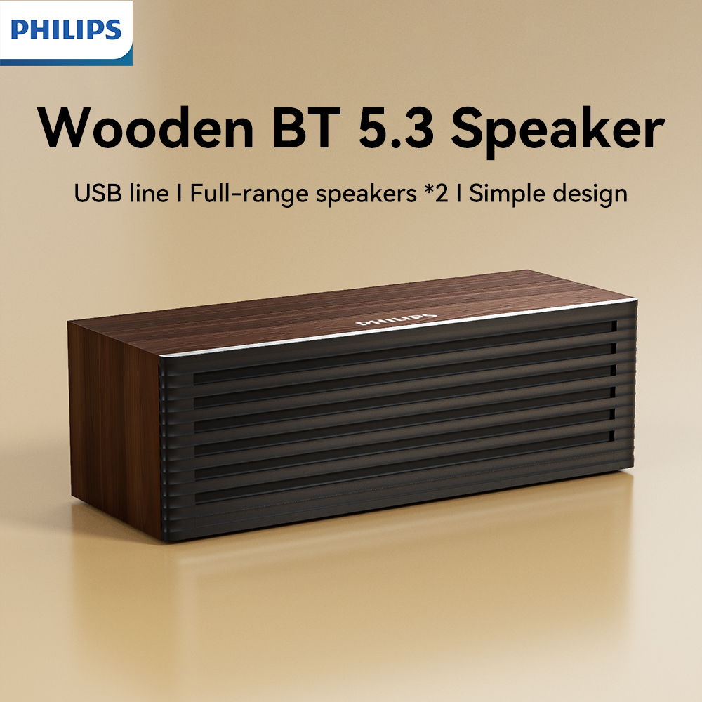 Alto-Falante Bluetooth De Madeira Philips 5.3 Dual 52mm HiFi De Alcance Completo