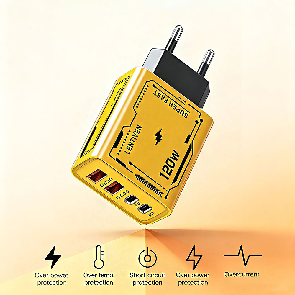 Carregador RCCOR Cepat 120W 4 Portas (2 USB-A + C) Desain Silver Army Cocok Para Apple E Android OEM Original
