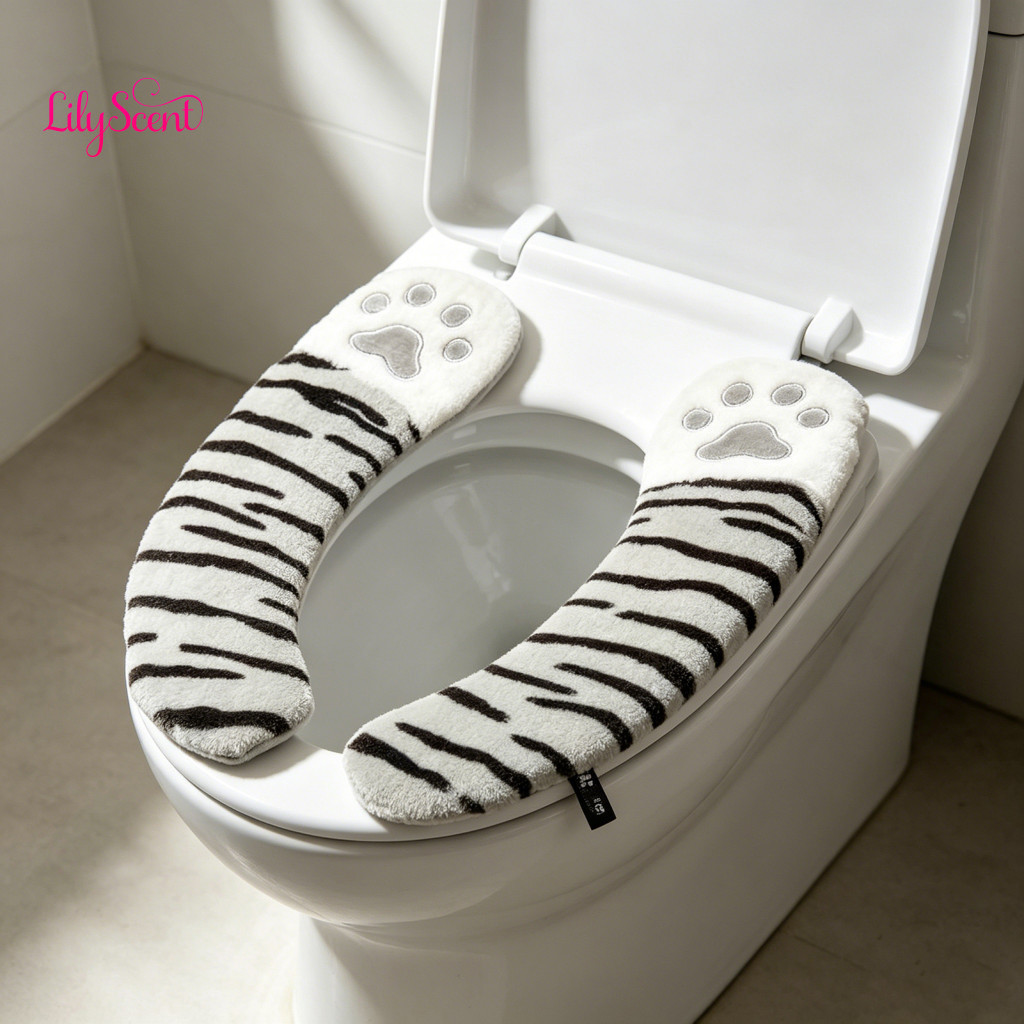 Non-slip Toilet Seat Mat Waterproof Cushion Striped Paw Pattern Plush Cover – Soft Thick Washable Winter for Bathroom