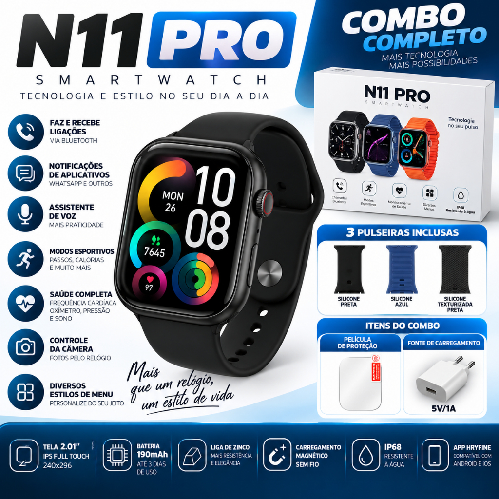 Smartwatch N11 Pro 2.01 Bluetooth NFC Chamadas Assistente de Voz 3 Pulseiras + Brinde
