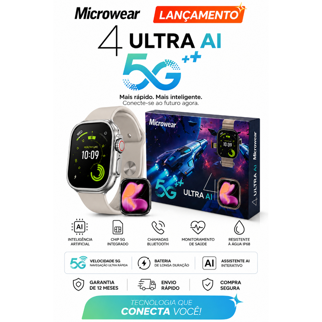 Smartwatch Microwear 4 Ultra AI 5G+ Tela Grande NFC ChatGPT Lançamento 2026
