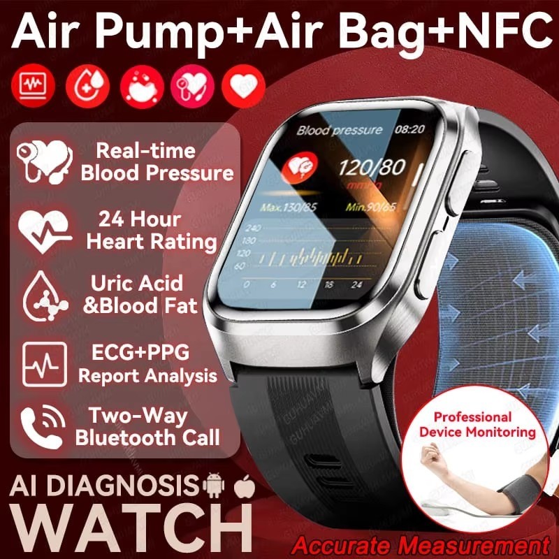 2026 AI Diagose ECG Saúde Smartwatch Relógio Inteligente Masculino Pressão Arterial Ácido Úrico Lipídico NFC Bomba De Ar