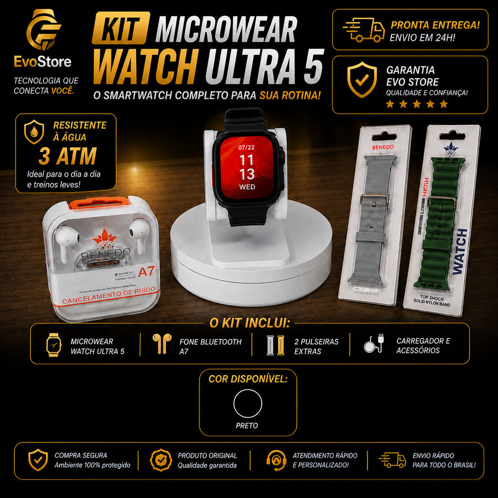 SMARTWATCH MICROWEAR ULTRA5 NFC CHAMADAS + FONE BLUETOOTH A7 + PULSEIRAS