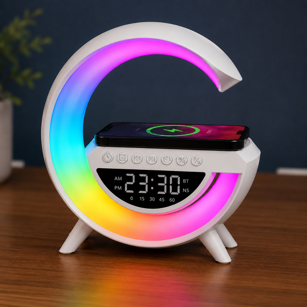 Luminária LED RGB Bluetooth com Caixa de Som, Carregador Wireless por Indução e Relógio Digital G Speaker