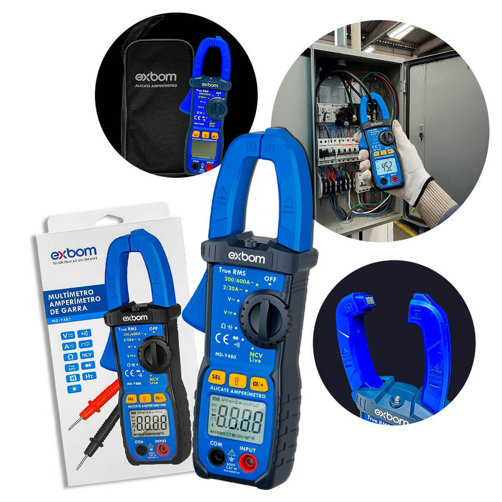 Alicate Amperímetro Digital True RMS NCV Auto Range CAT III 600V Multímetro Profissional 600A