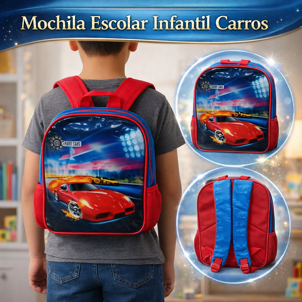 Mochila Escolar Infantil Carros Vermelha Confortável Durável Leve Capacidade 13L