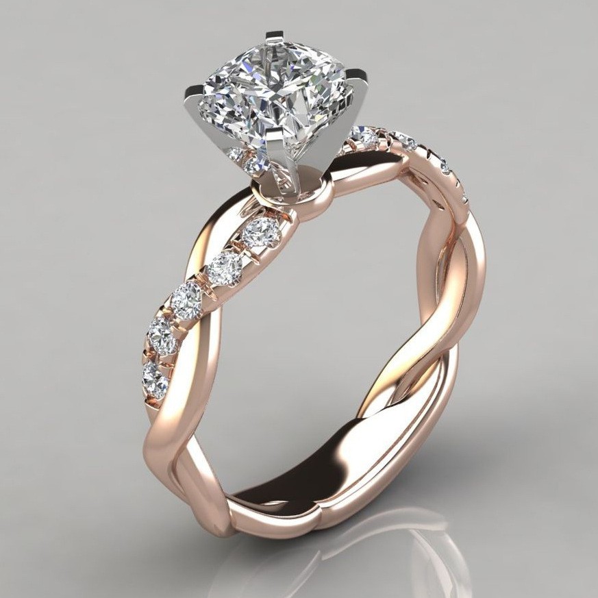 Anel De Noivado 18K Rose Gold Two Tone Princess Solitaire , Feminino