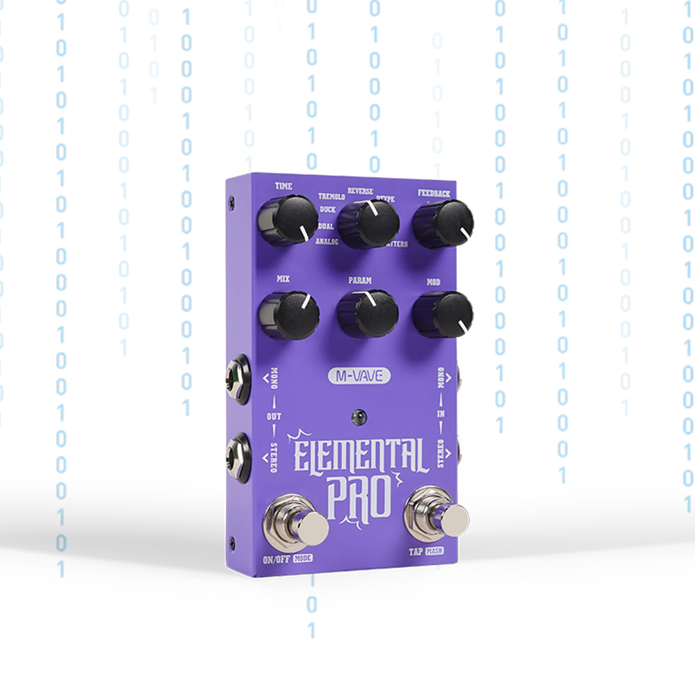 M-VAVE Elemental Pro Stereo Delay: Pedal de efeito com Tap Tempo, 3000 ms, 9 tipos, Reverse, Dual Tremolo, LoFi, Ice