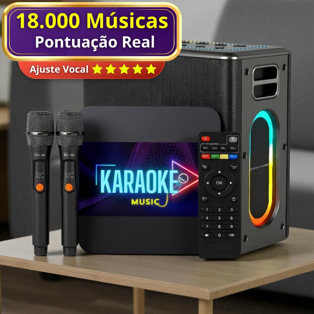 Karaoke Profissional 18.000 músicas 2 Microfone s/fio + Caixa de Som Bluetooth 120W + Pontuação Real
