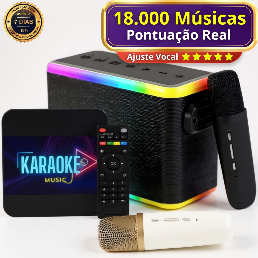 Aparelho Karaoke Microfone Duplo Caixa de Som 80W + 18.000 Músicas + Pontuação Real e Ajuste Tonalidade