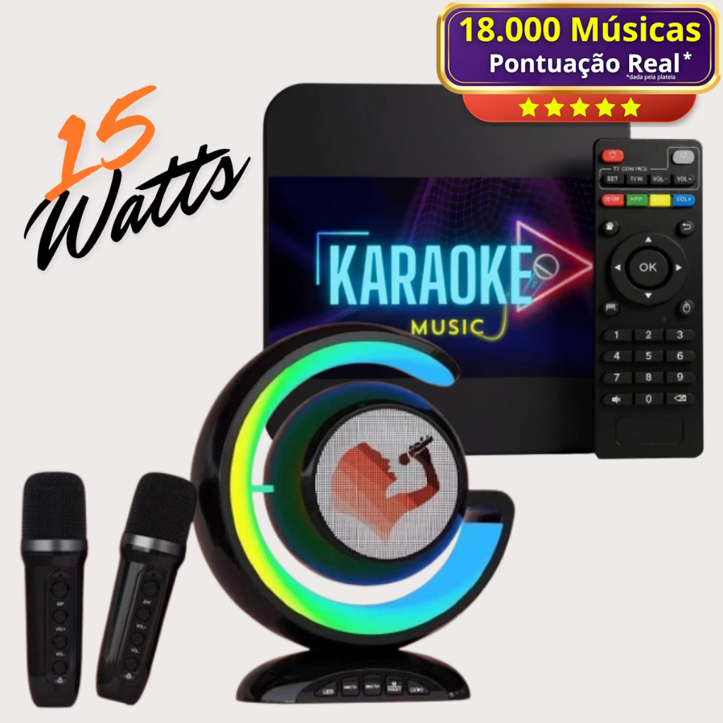 Aparelho Karaoke 18.000 Músicas + Pontuação Real + Brinde Caixa Som 15W Baixa Potência + 2 Microfones S/Fio