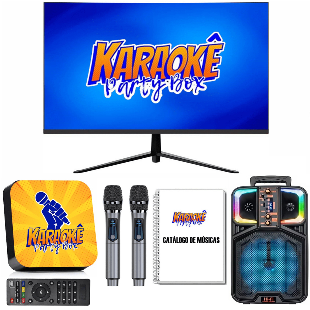 Karaoke Party Box Profissional Completo +Monitor +Caixa De Som +2 Mic Sem Fio +Catálogo Impresso