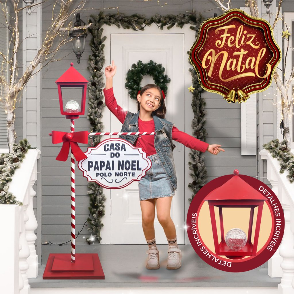 Poste Natalino Natal Com Placa Casa Do Papai Noel Enfeite Decorativo Decoração Em Metal - 1.18m