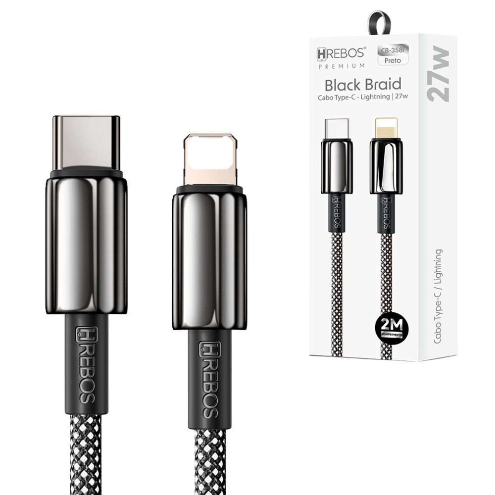 Cabo Hrebos CB-358i Dual USB Tipo-C Reforçado, 3.1A, 2 Metros, Tecido Trançado para iPhone
