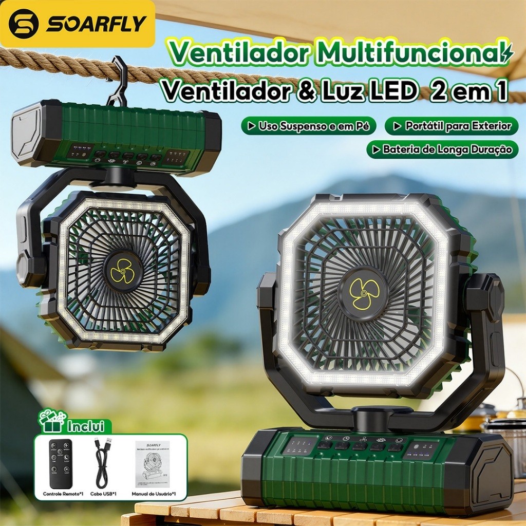 Portable Camping Fan with LED Light – 270° Rotation, 20000mAh Battery, Bright LED Light