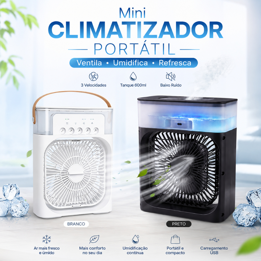 Climatizador Ventilador Portátil USB Mini Ar Condicionado Umidificador Gelo LED