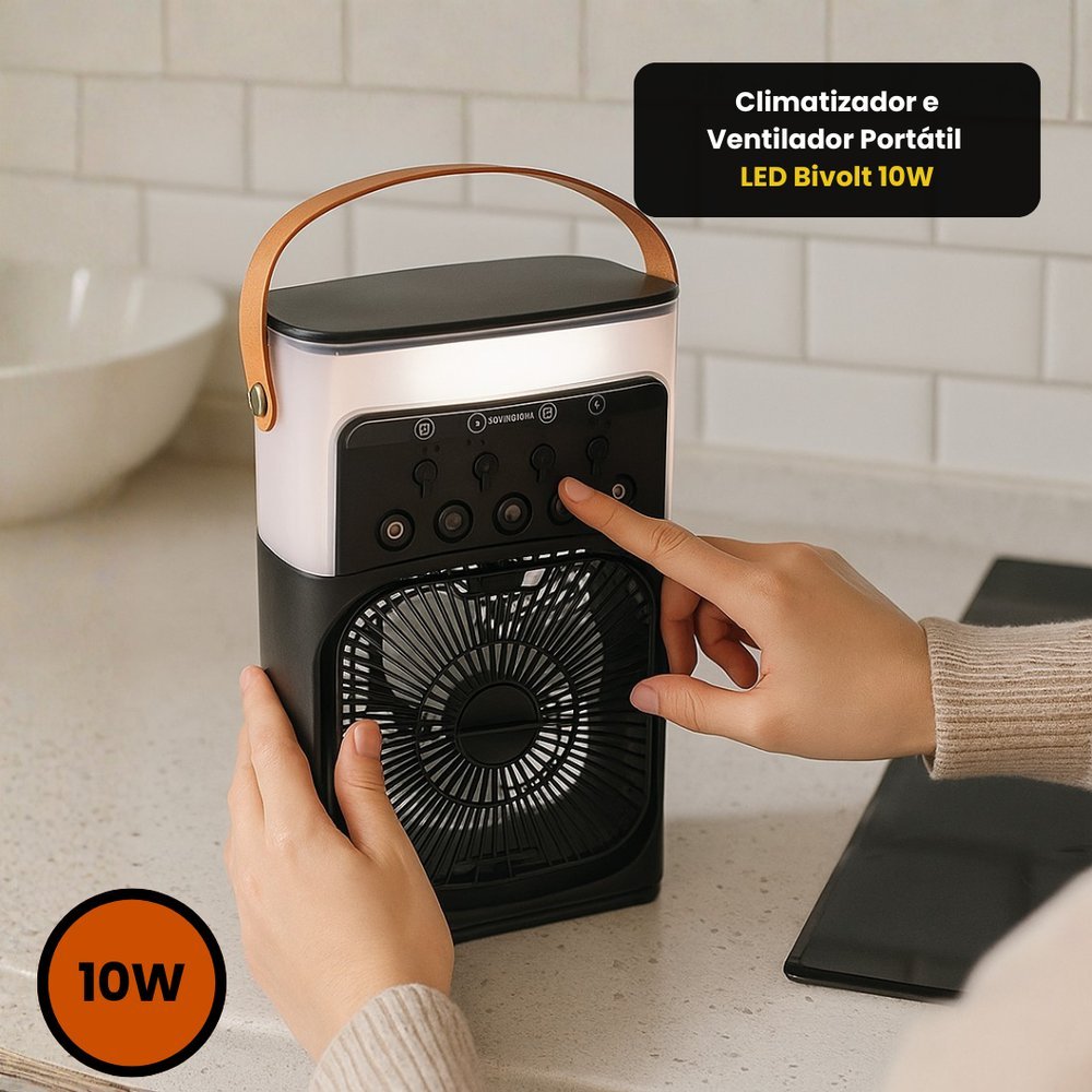 Climatizador Mini Ar Ventilador com Alça Portátil LED 3 Velocidades Silencioso USB 10W Econômico com Reservatório 500ml