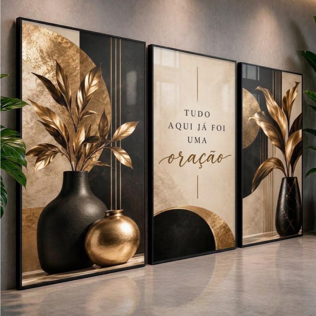 Kit 3 Quadros Preto Dourado Oração Fé Vasos Luxo Moderno Sala Quarto Luxo Hall