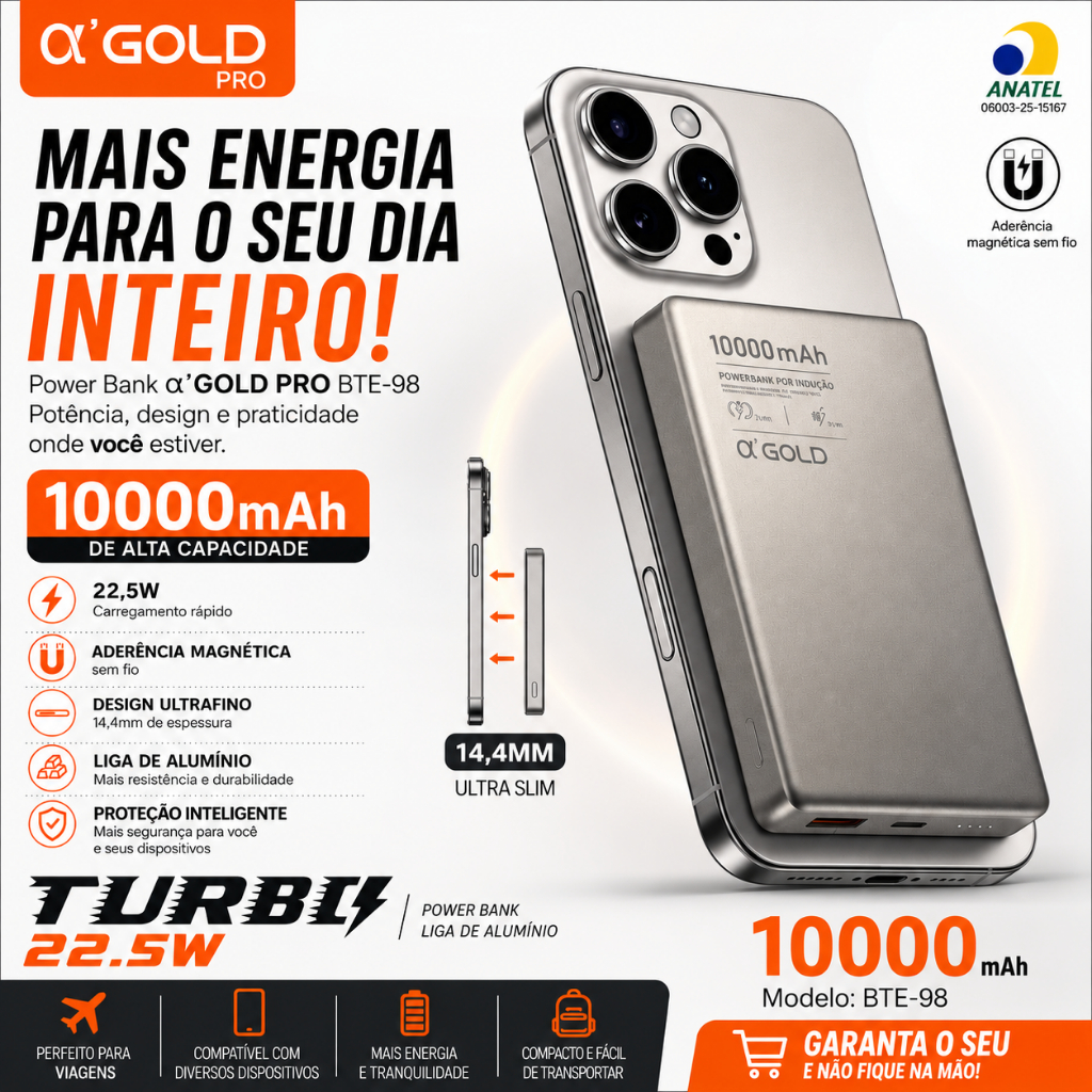 Power Bank Turbo de Alumínio Magnético MagSafe 10000mAh 22.5W USB-C A´GOLD