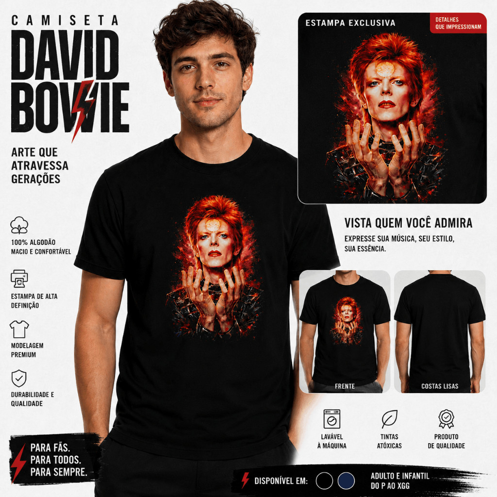Camiseta David Bowie Masculina Unissex Rock Música Estampa Premium 100% Algodão Preta e Azul Marinho Adulto e Infantil