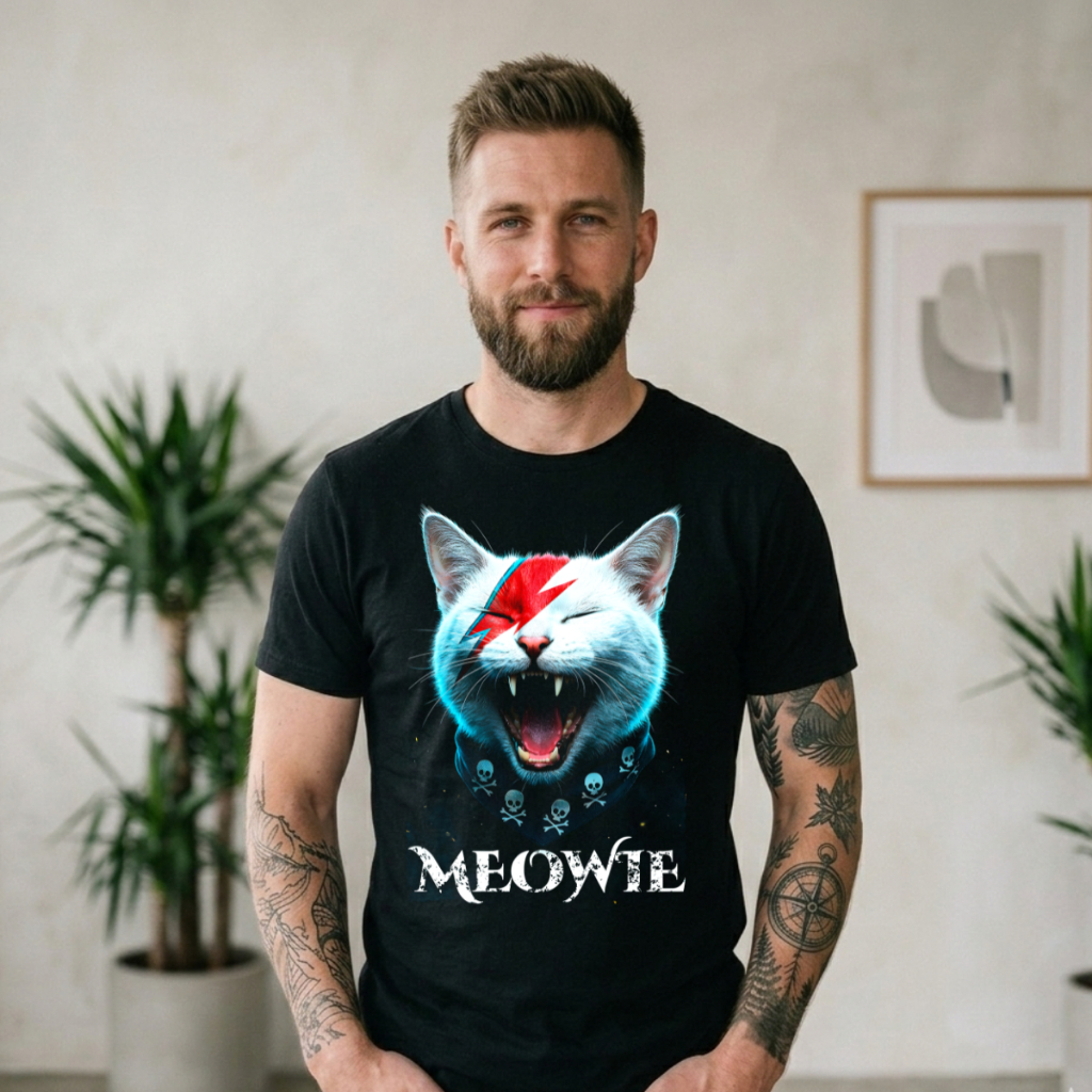 Camiseta Meowie Gatinho David Bowie Meme Geek Algodão Unissex