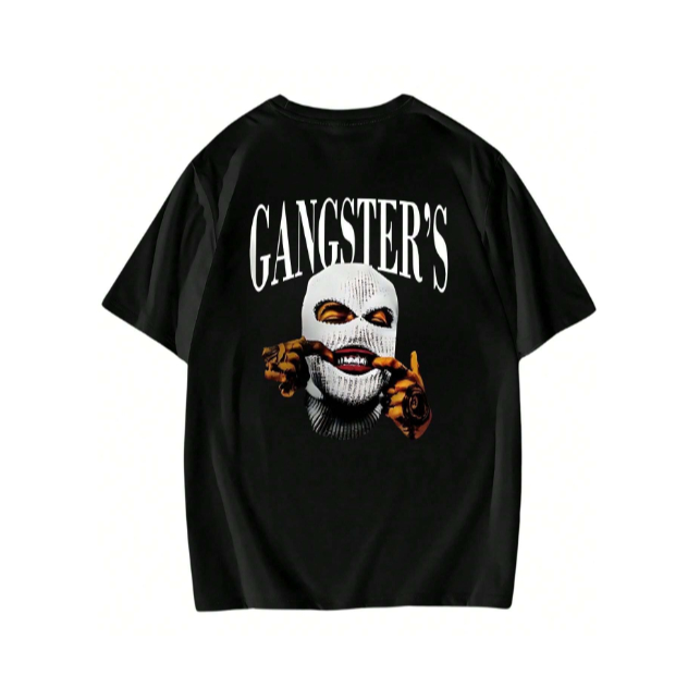 Camiseta Masculina Com Estampa Rosto Com Balacalva Escrito Gangs Tecido Premium 100% Algodão