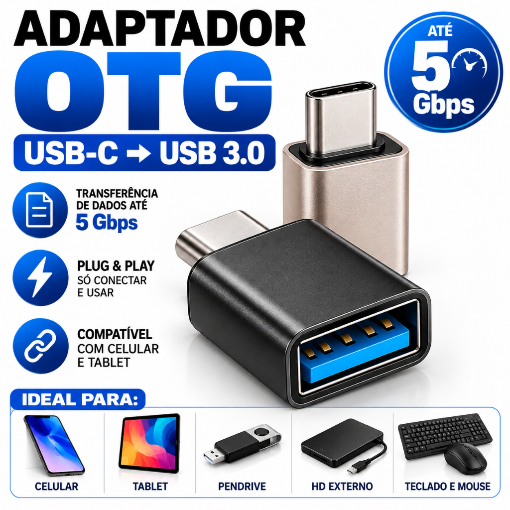 AAdaptador OTG USB C Macho para USB 3.0 Fêmea Celular Tablet Transferência 5gbps Dados Carregamento