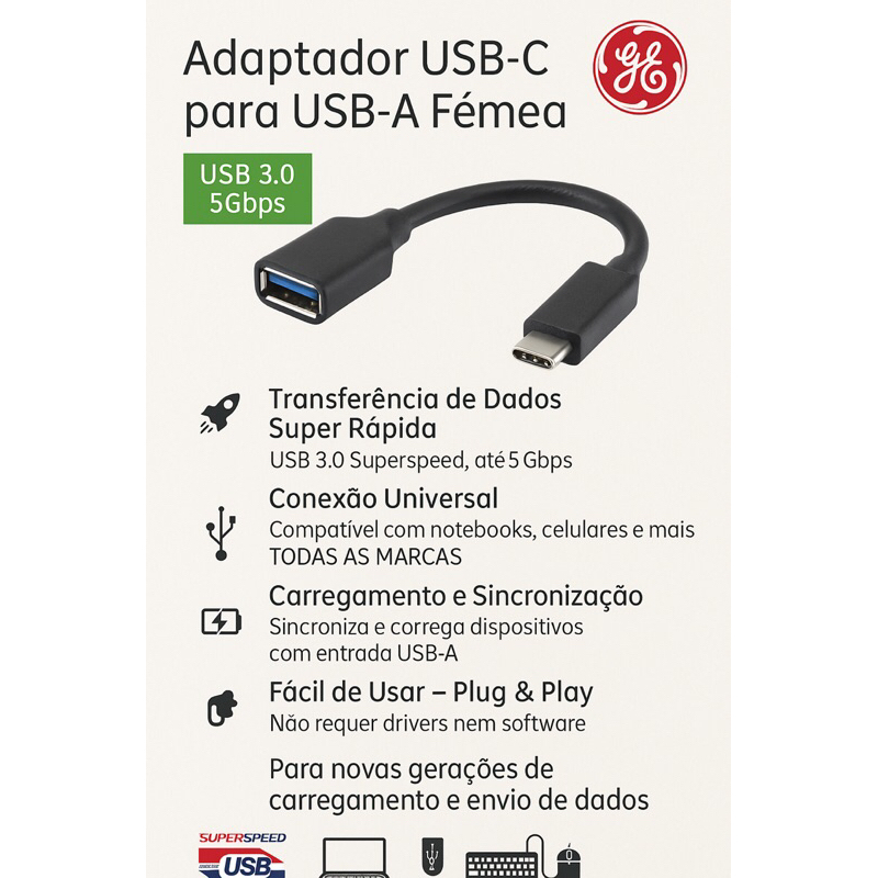 Kit com 2 ou 5 Adaptadores USB-C para USB-A Fêmea – GE | Super Rápido 5Gbps | 15cm