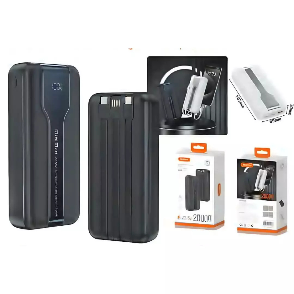Power Bank 20000mAh Carregador Portátil Rápido 22.5W PD Cabos Integrados Display LED Universal