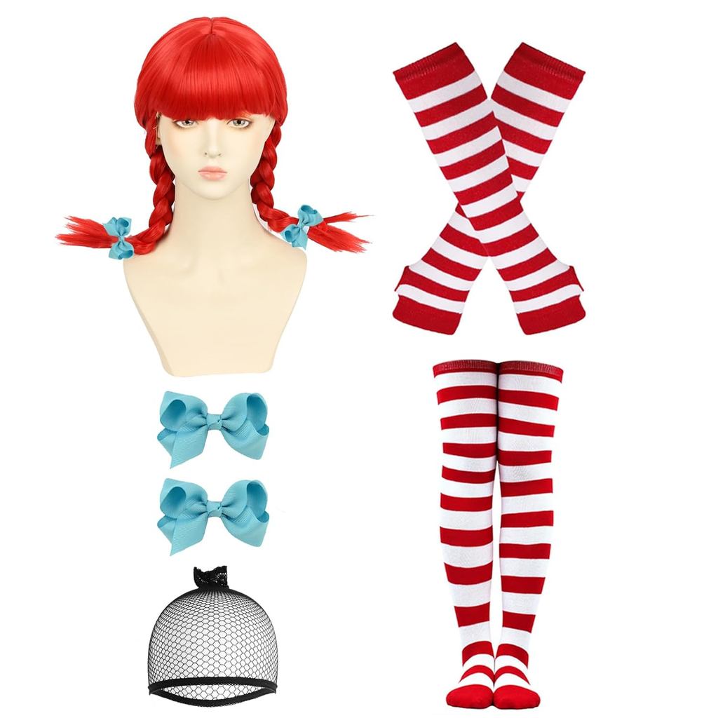 ATAYOU Long Red Braids Wig with Red Strips Sock and Finerless Gloves Hair Clips for Women Girls Halloween Cosplay
