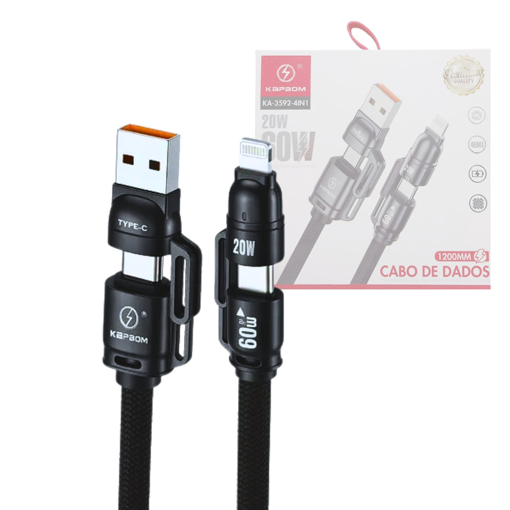 Cabo de dados 4 em 1 (USB/2x TPC/Lightning) 60W de 1,20 metros Kapbom KA-3592-4IN1