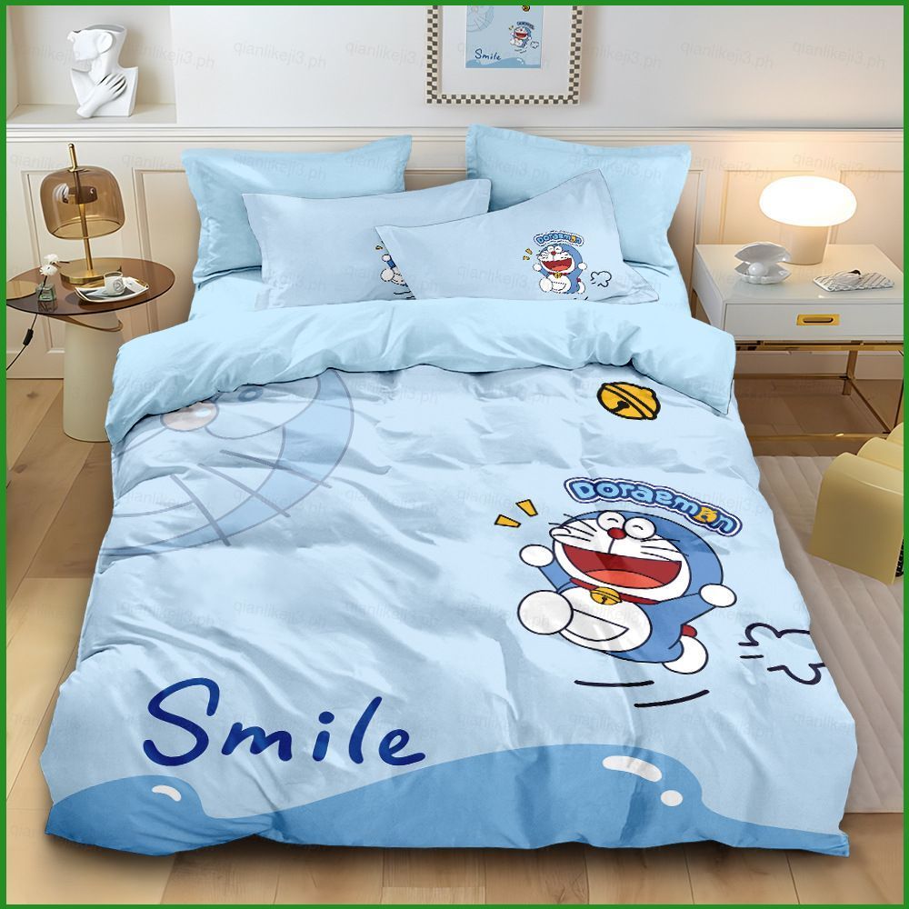 QL3 Doraemon Cute Cartoon 4IN1 Lençol Capa De Edredão Fronha Conjunto De Cama Casa Quarto Terno Lavável