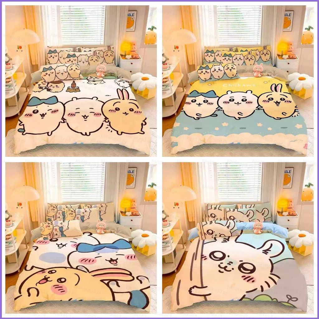 QL3 Chiikawa Usagi Cartoon 4IN1 Lençol Capa De Edredão Fronha Conjunto De Cama Casa Quarto Terno Lavável