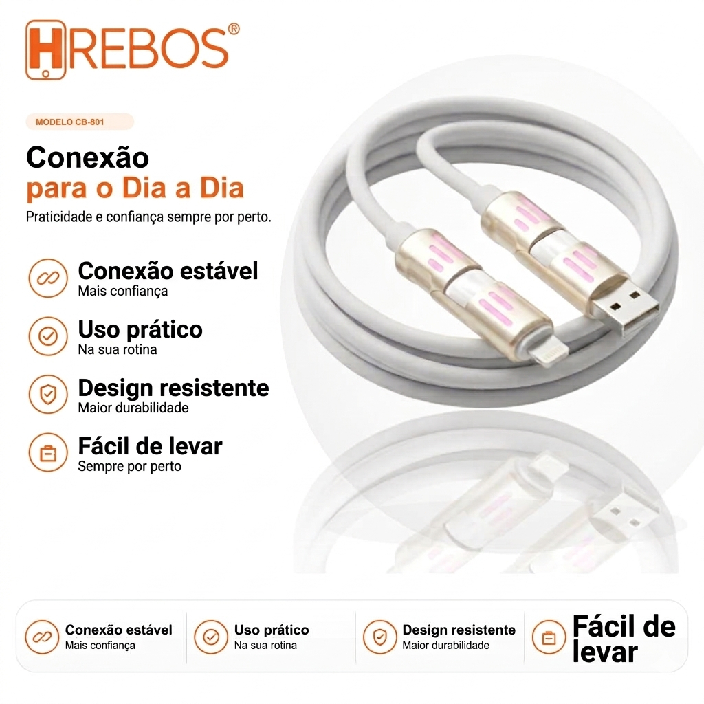 HREBOS Cabo de dados LED 4in1 de 60W Carregamento rápido Equipado com portas USB, Lightning, Type-C e Micro USB.